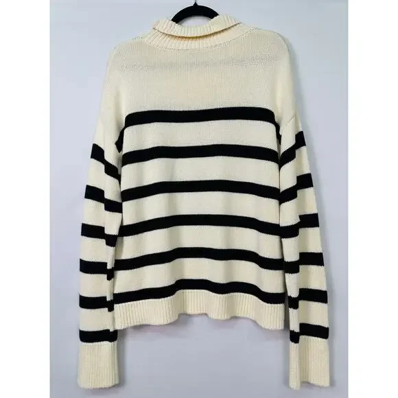 CAARA Cream & Black Striped Turtleneck Sweater Size Medium 100% Cotton - Picture 3 of 10